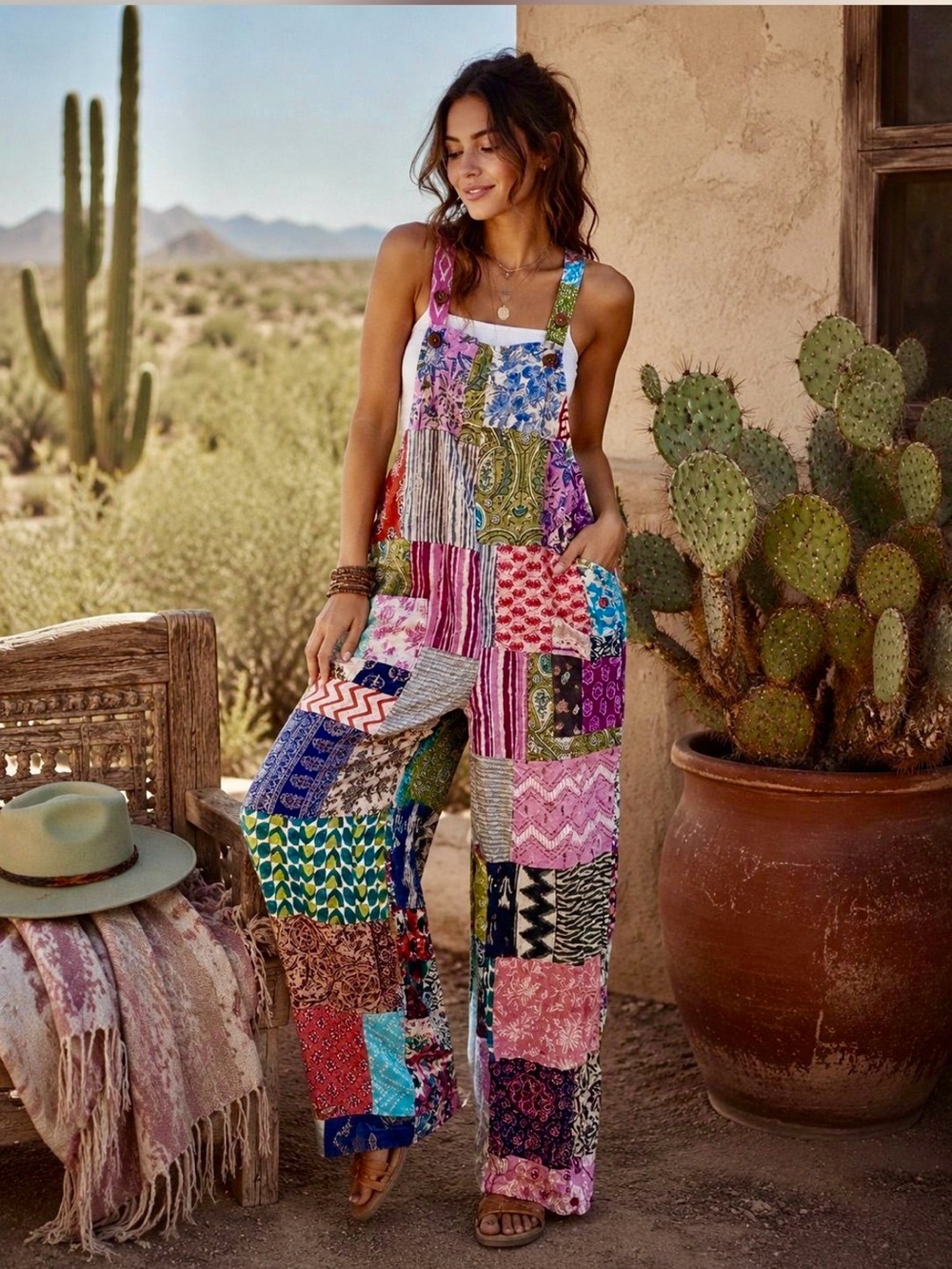 NEW Kantha Kathmandu Real Patchwork Bib Overalls Boho One-Piece Size Large